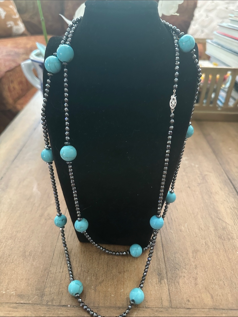 Long Turquoise Bead Necklace with Hematite Spacers